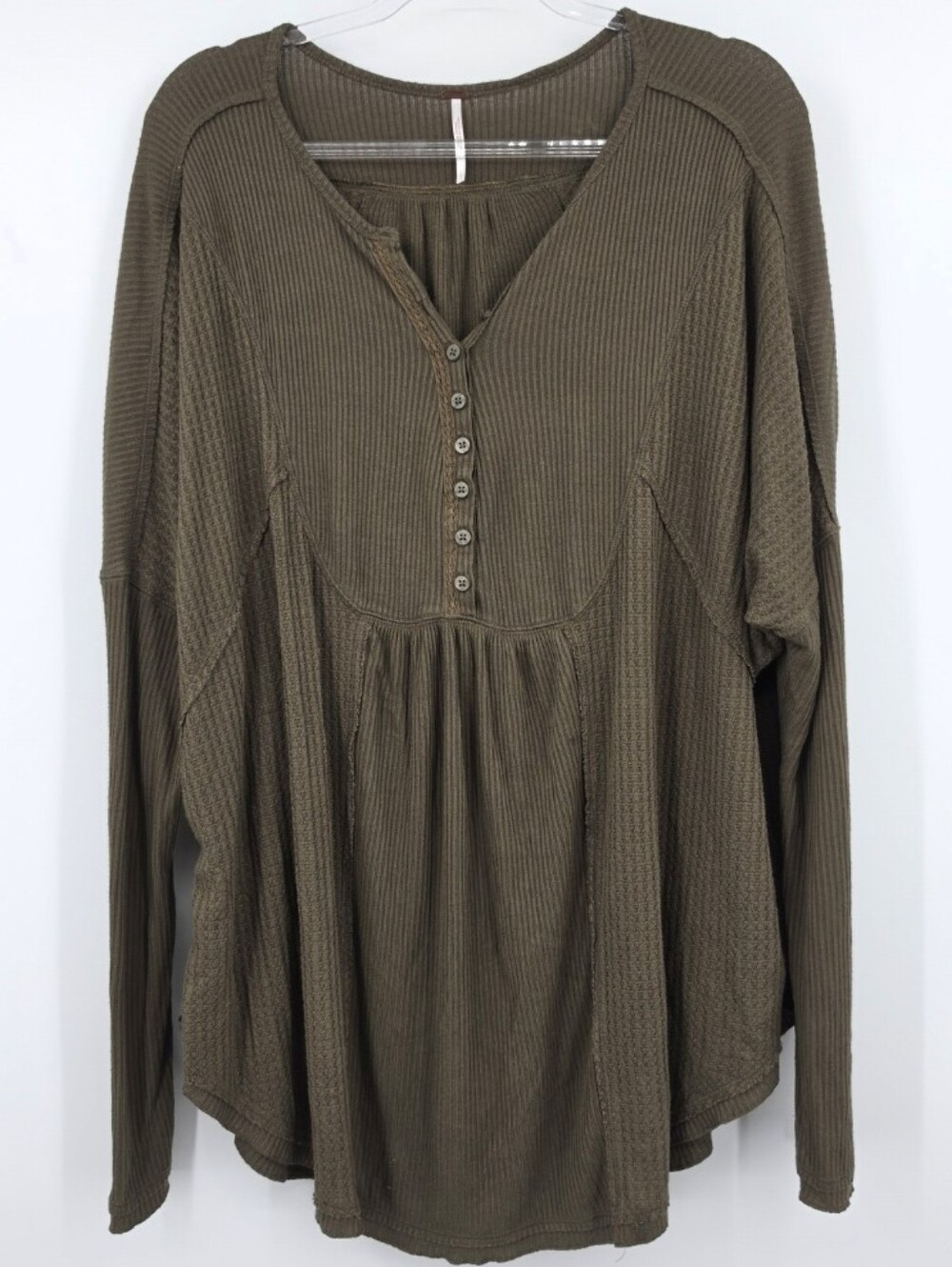 Free People Leo Henley Thermal Top Large Olive Green Long Sleeve